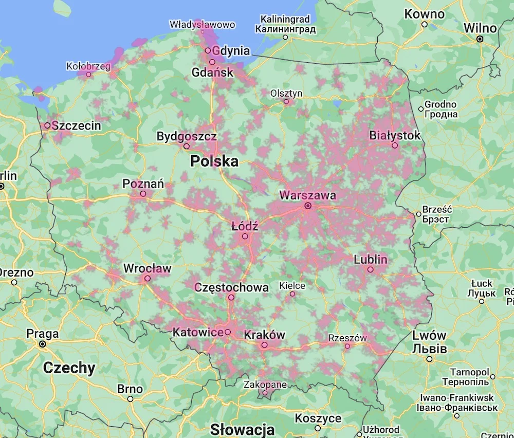 Archiwalna mapa zasięgu T-Mobile, 5G (zrzut ekranu: 23 września 2022 r.)