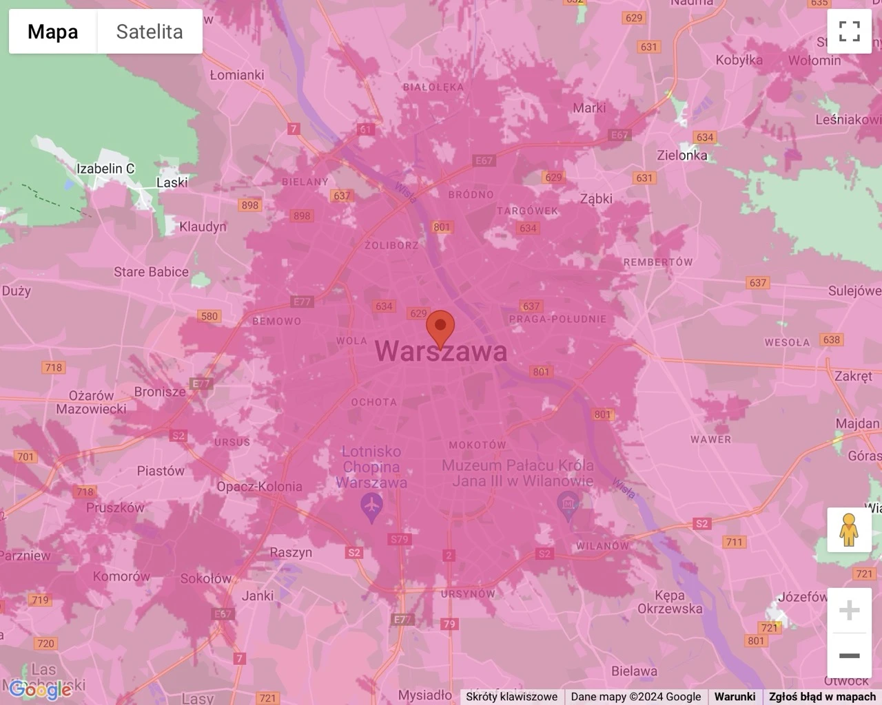 Archiwalna mapa zasięgu 5G (jaśniejszy kolor) i 5G Bardziej (ciemniejszy kolor) od T-Mobile - Warszawa i okolice (zrzut ekranu: 1 marca 2024 r.)