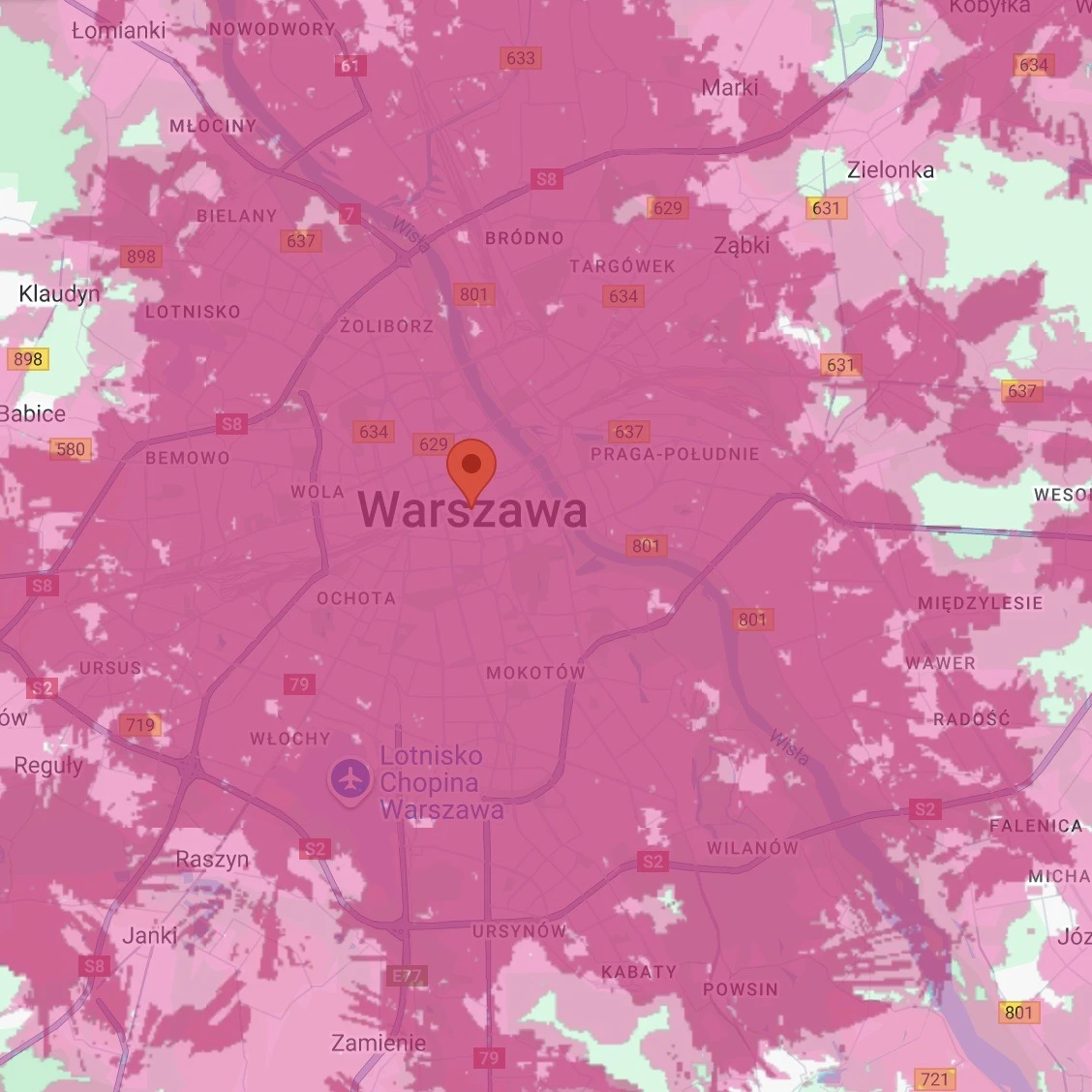 Aktualna mapa zasięgu 5G (jaśniejszy kolor) i 5G Bardziej (ciemniejszy kolor) od T-Mobile - Warszawa i okolice (zrzut ekranu: 9 stycznia 2026 r.) 