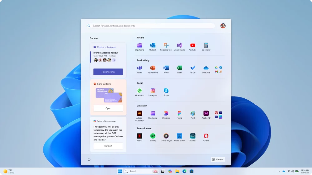 Menu Start w Windows 11 - odrzucony projekt