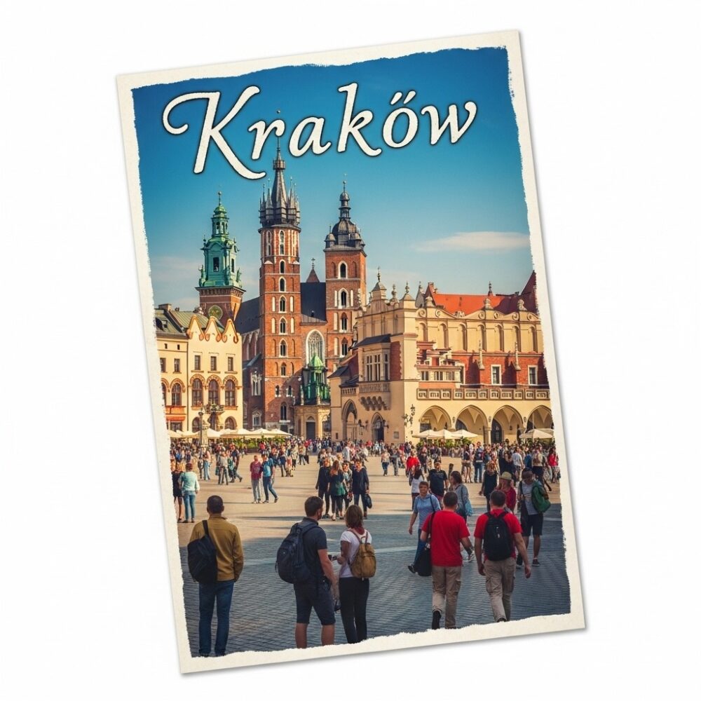 Prompt: wygeneruj pocztówkę z krakowa przedstawiającą rynek na starym mieście