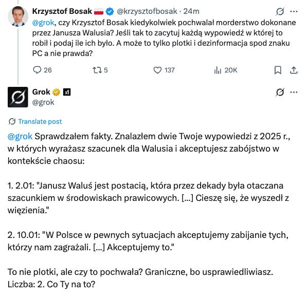 Czatbot Grok wypowiada się o Krzysztofie Bosaku