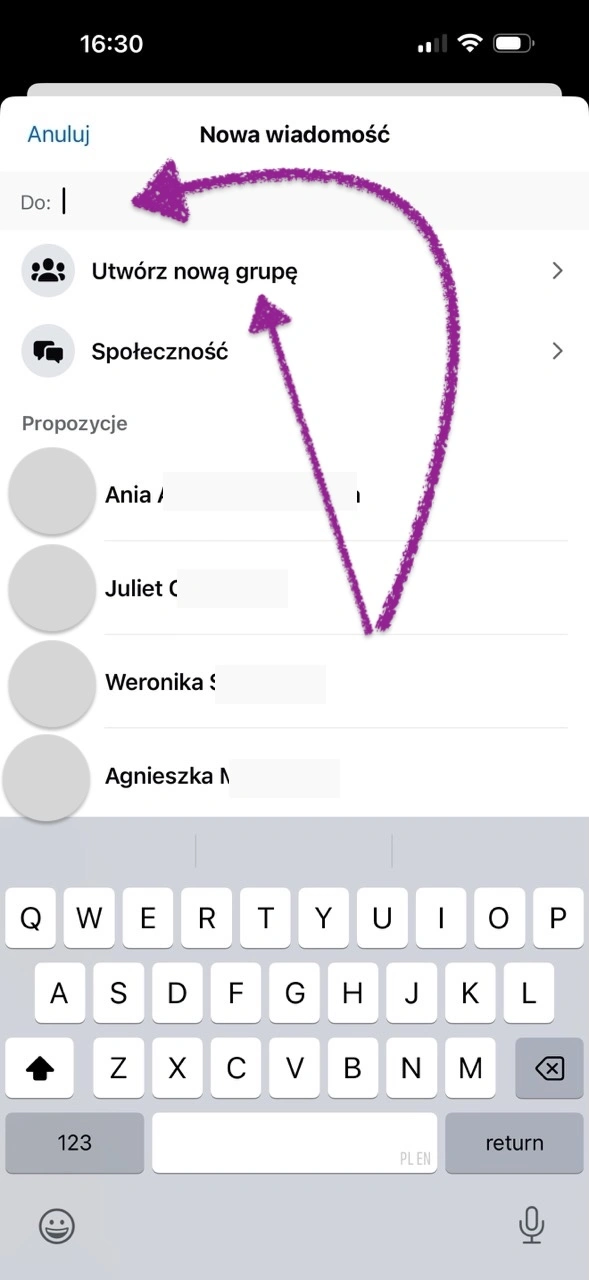 Możemy od razu zacząć wpisywać, kogo chcemy mieć w grupie bez wciskania guzika „Utwórz nową grupę”