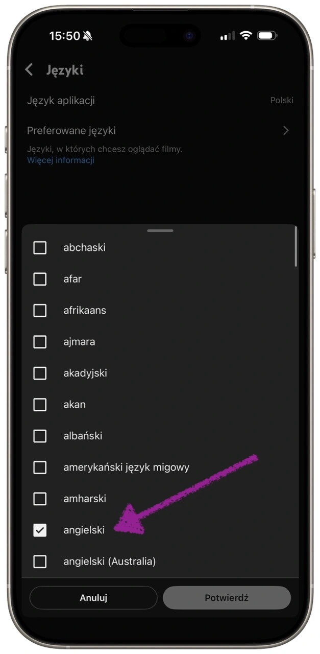 Na liście zaznaczyłem angielski…