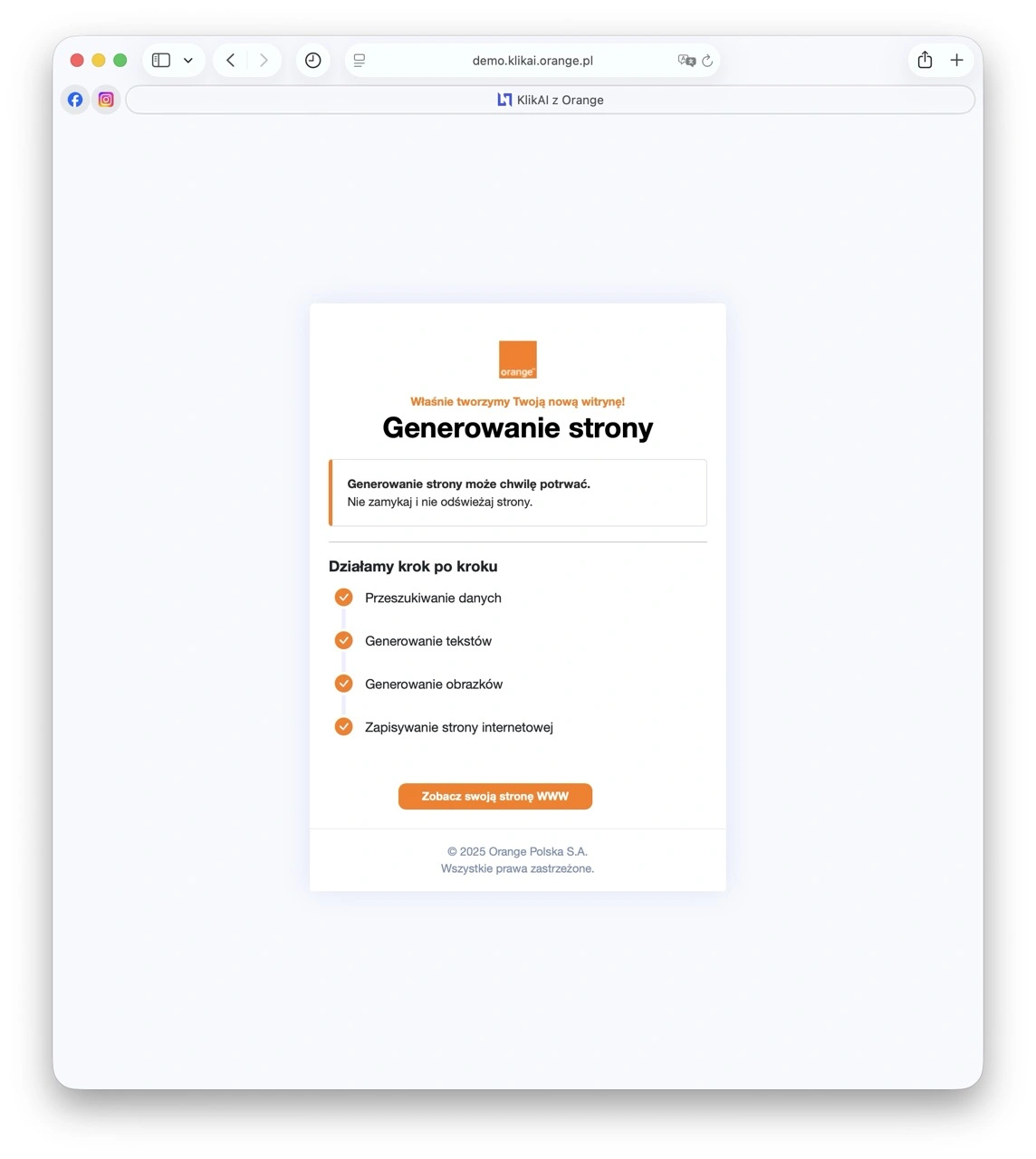 Po kilku minutach strona stworzona przez KlikAI z Orange jest gotowa