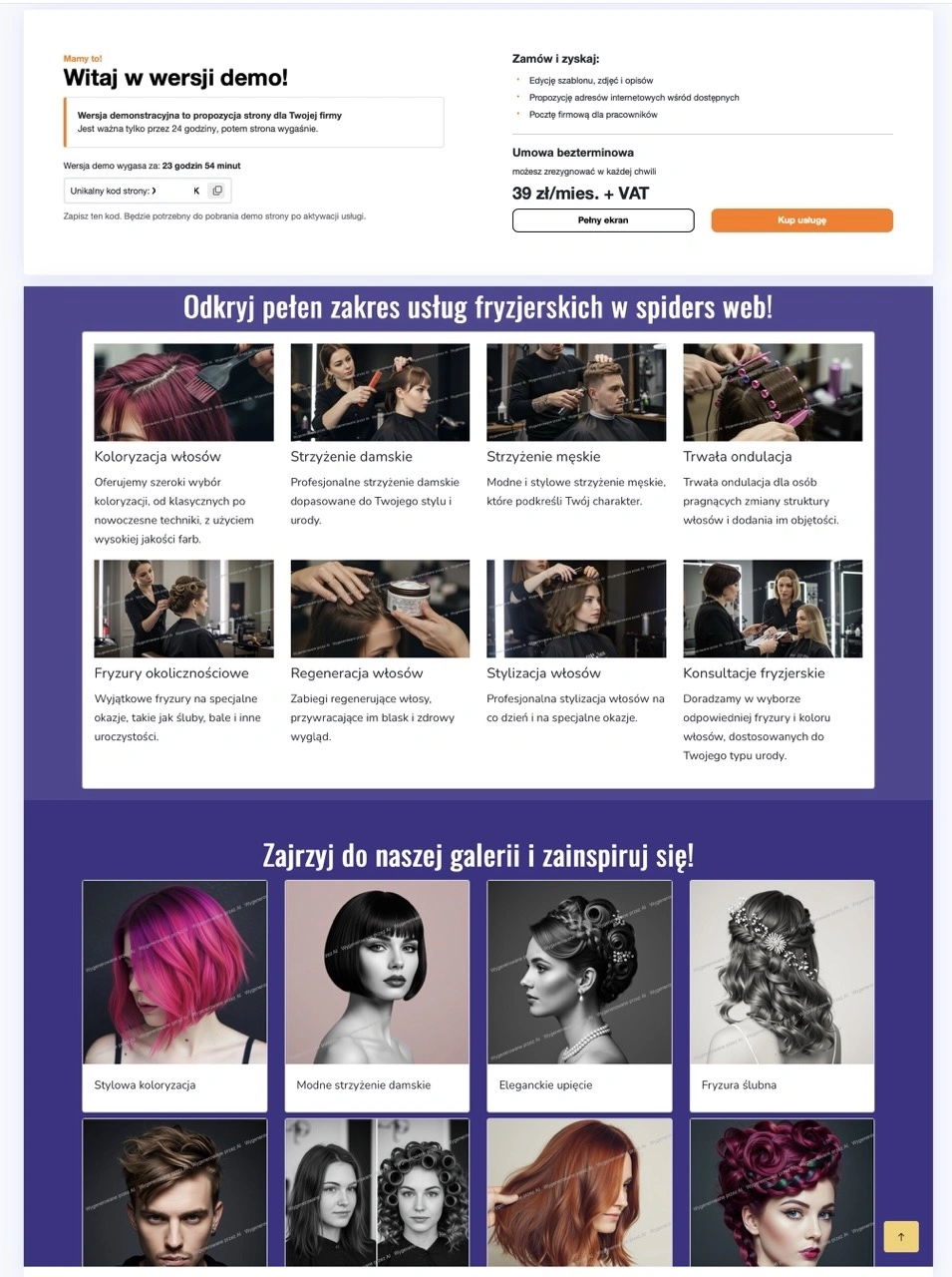 Na stronie możemy umieścić oferowane usługi i dodać własną galerię stylizacji