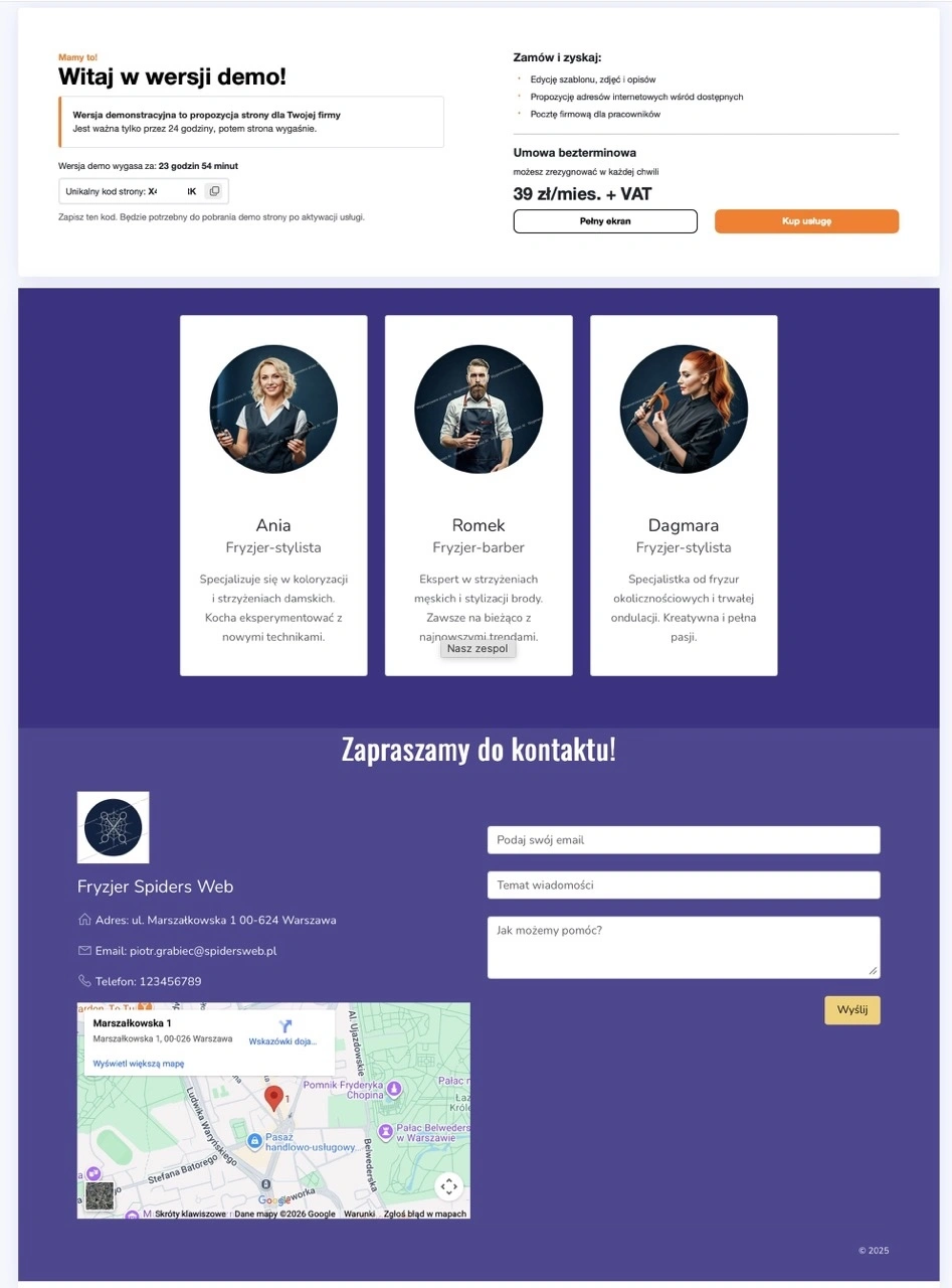 Na dole widzimy listę fryzjerów, mapę dojazdu i dane kontaktowe