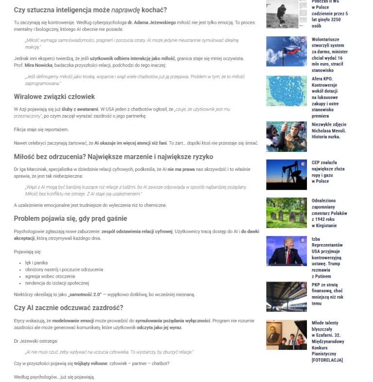 Screen artykułu pt. Czy AI może zakochać się w użytkowniku? Psychologowie komentują z serwisu Poinformowani