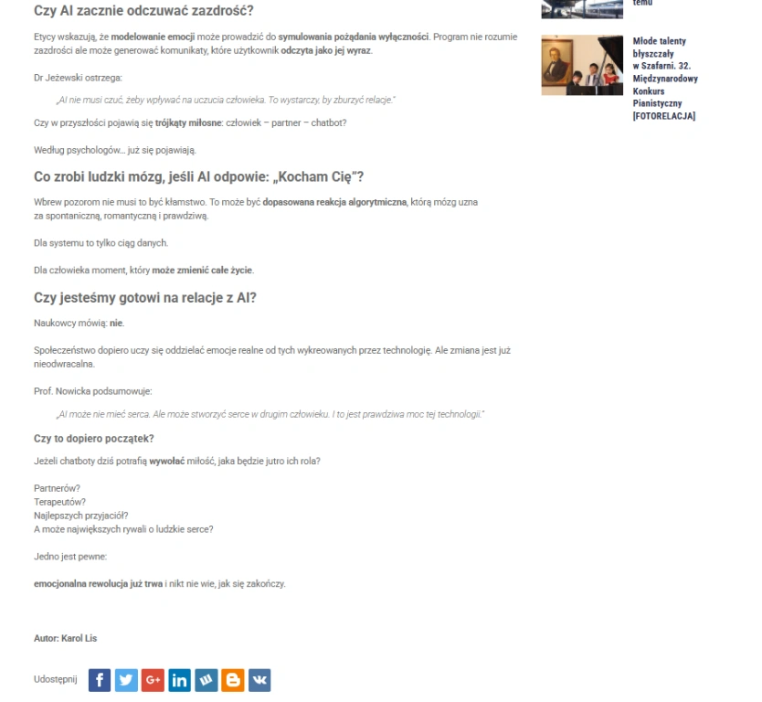 Screen artykułu pt. Czy AI może zakochać się w użytkowniku? Psychologowie komentują z serwisu Poinformowani