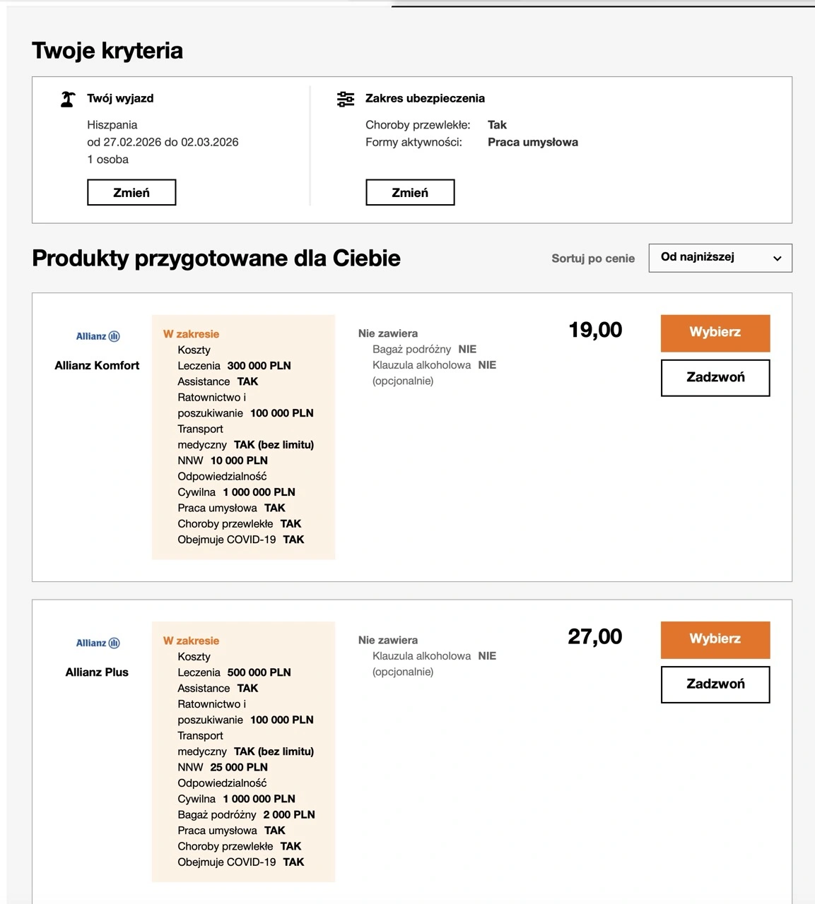 Wyniki posortowane są od najtańszych