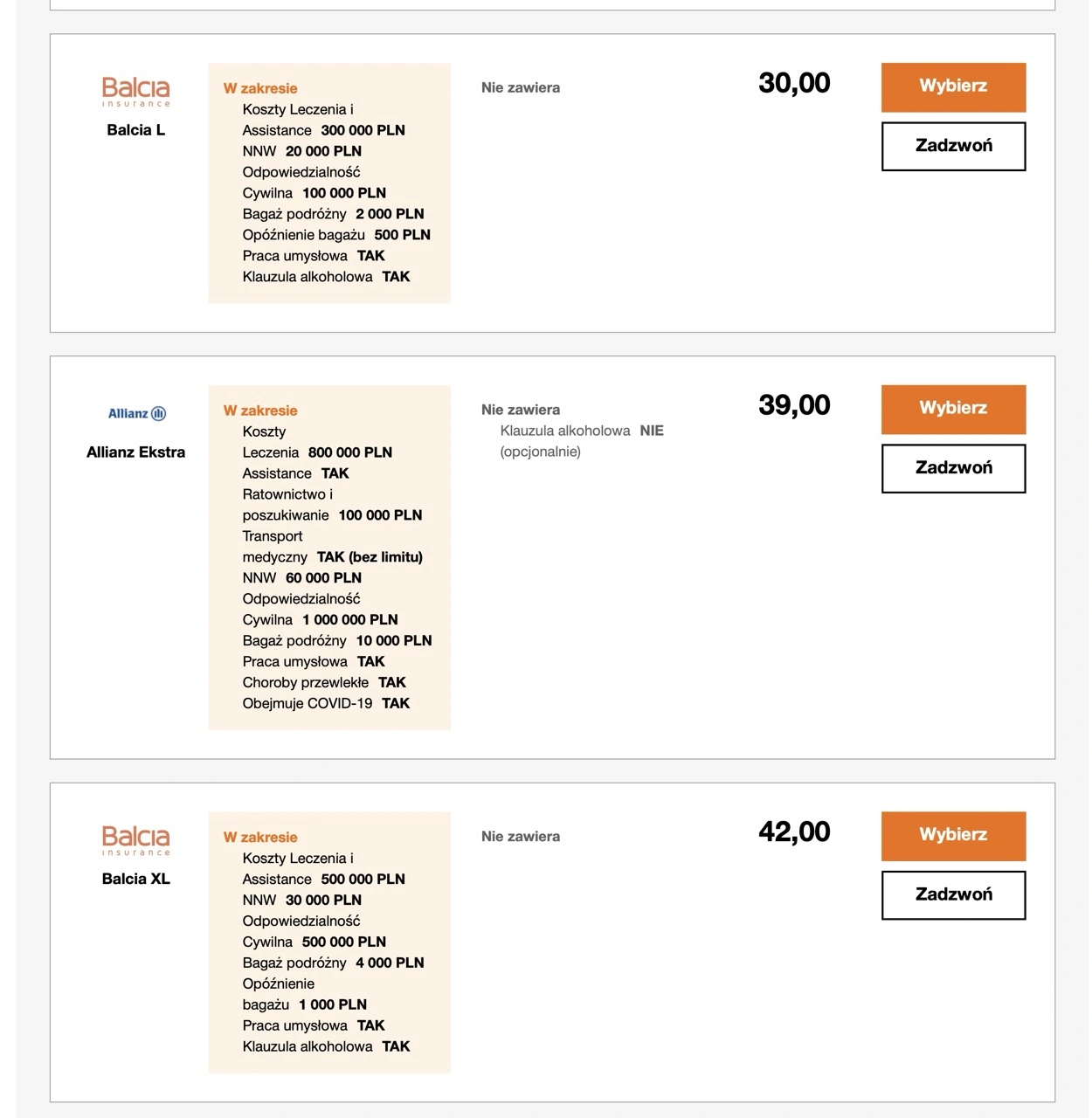 W wynikach widzimy warunki ubezpieczenia