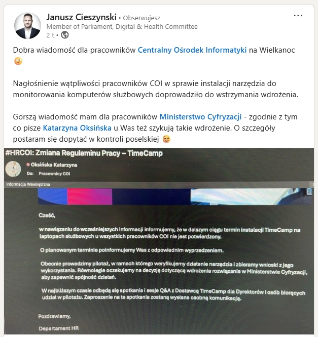 Wpis Janusza Cieszyńskiego, byłego ministra cyfryzacji w serwisie Linkedin, w którym opublikował e-mail do pracowników Centralnego Ośrodka Informatyki fot. Screen za linkedin.com/in/jciesz/ 