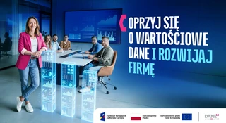 Kobieta w sali konferencyjnej opiera się o duży, trójwymiarowy wykres słupkowy wyrastający z podłogi. W tle zespół przy stole z laptopami oraz ekran z danymi. Napis na grafice: „Oprzyj się o wartościowe dane i rozwijaj firmę”. Na dole logotypy: Fundusze Europejskie, Rzeczpospolita Polska, Unia Europejska oraz Dane 3.0 Wymiana Wartość.