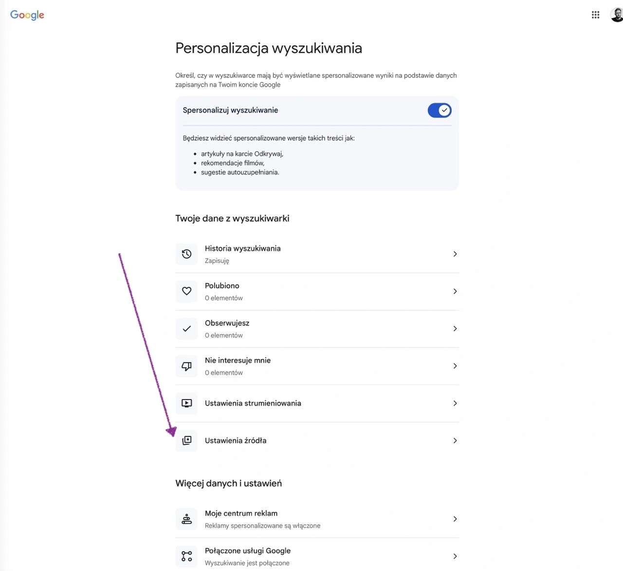 Krok 3: odszukanie w menu odnośnika „Ustawienia źródła”