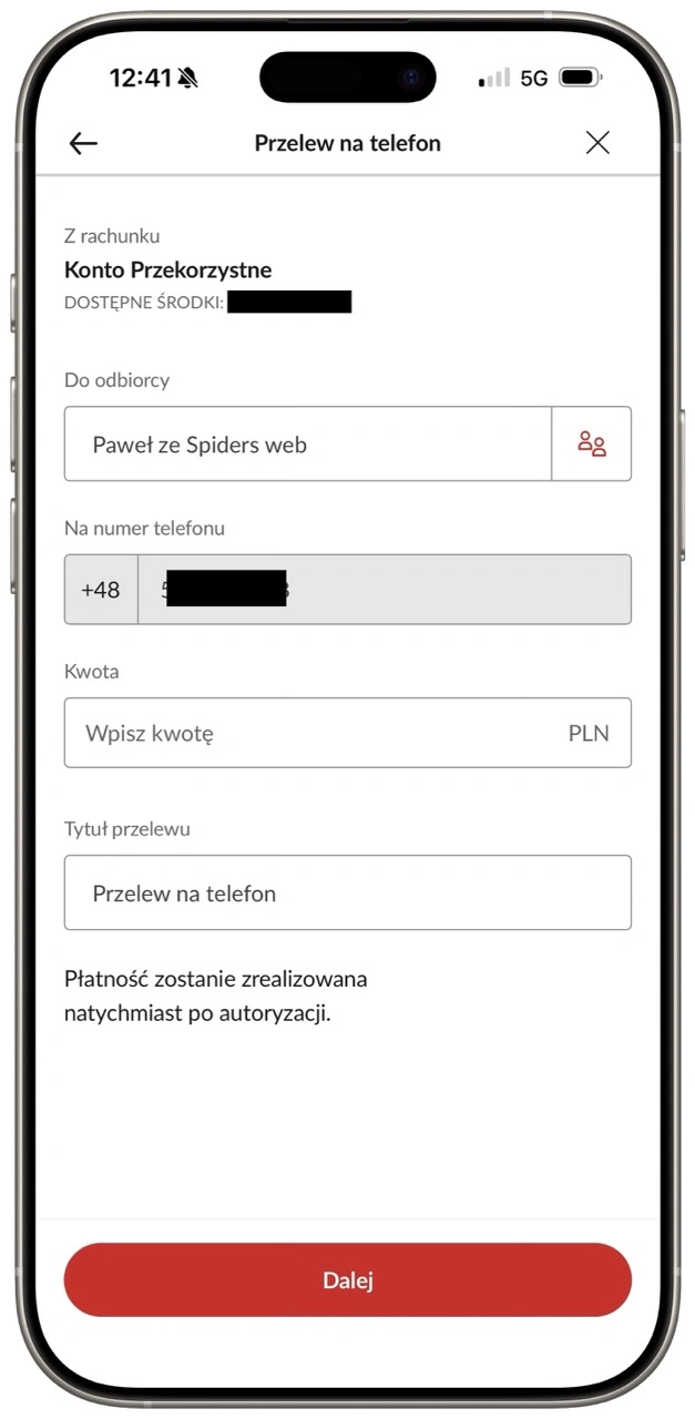 Nazwa kontaktu w telefonie jest automatycznie zaciągana do pola „Odbiorca”